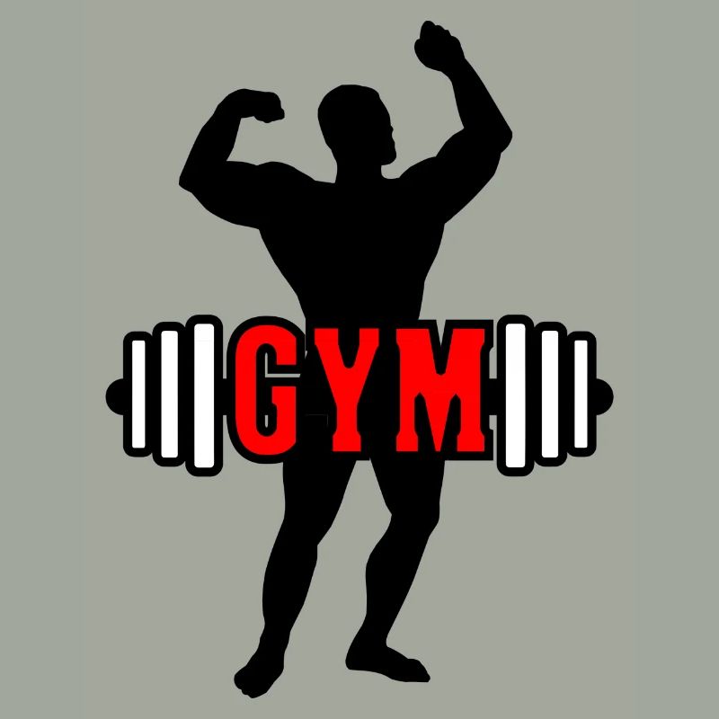 Red text 'GYM' about bodybuilder