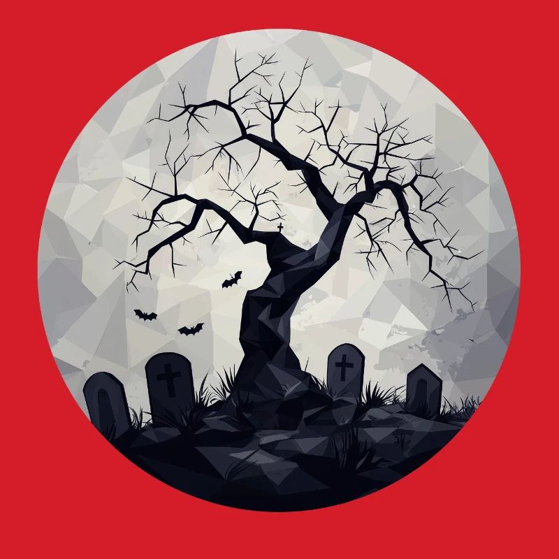 Dunkle Geisterbäume mit Friedhof
