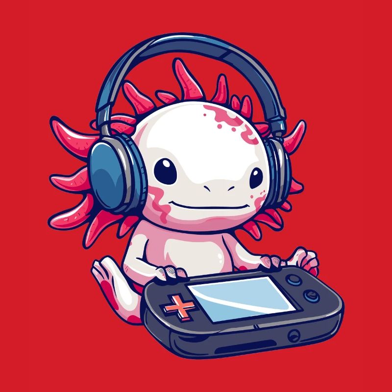 Axolotl mit Kopfhörern und Gaming-Controller