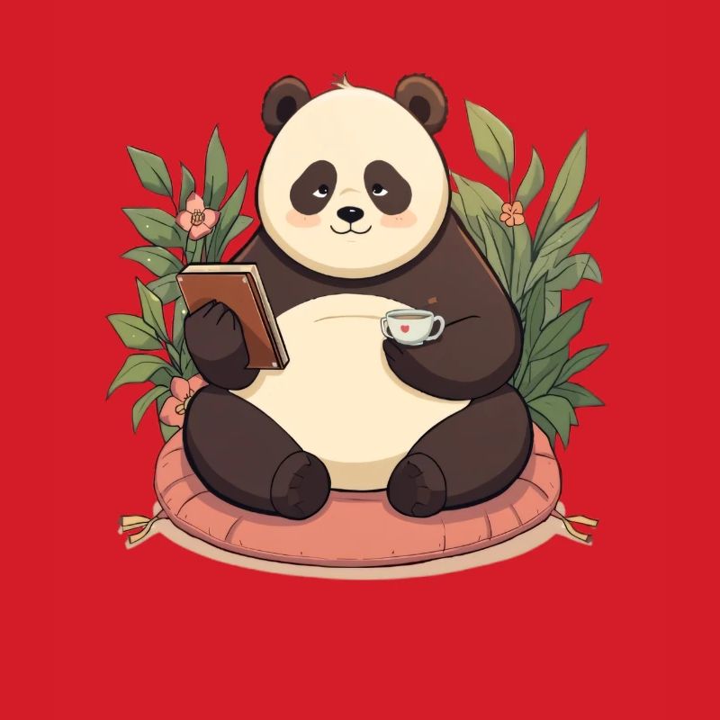 Panda beim Lesen mit Tee
