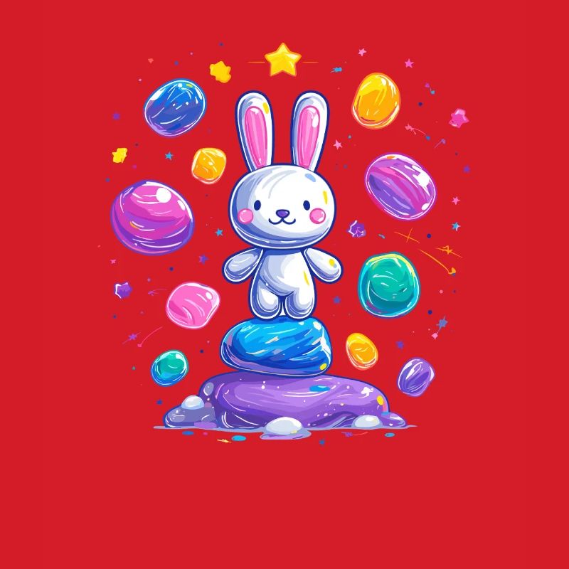 Cheerful bunny on colorful eggs