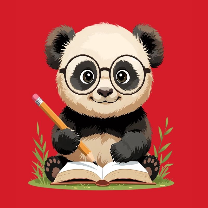 Panda mit Brille beim Schreiben