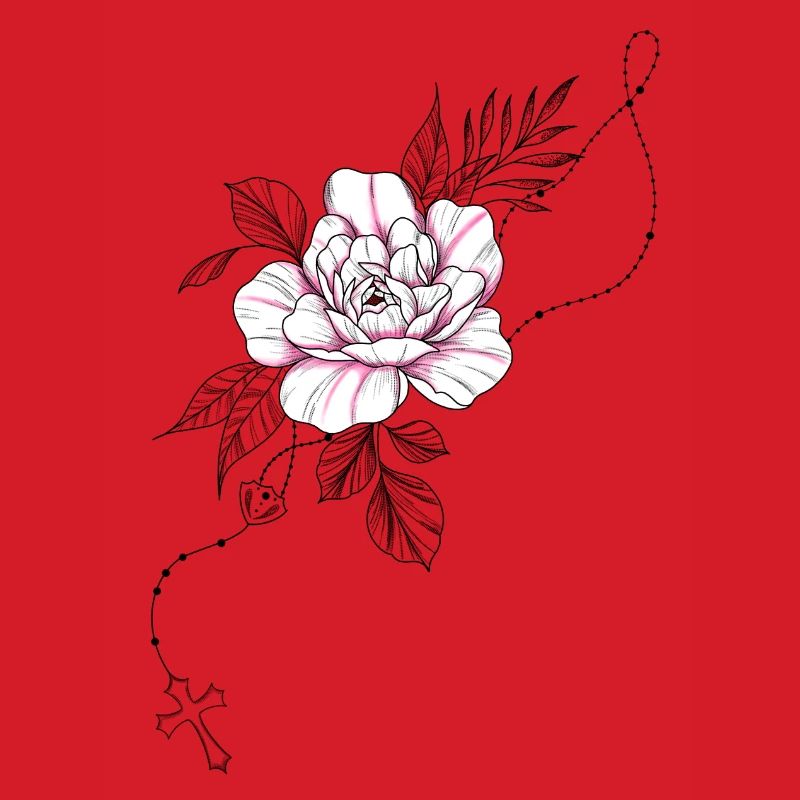 Dessin fleur rose chapelet croix et feuillage