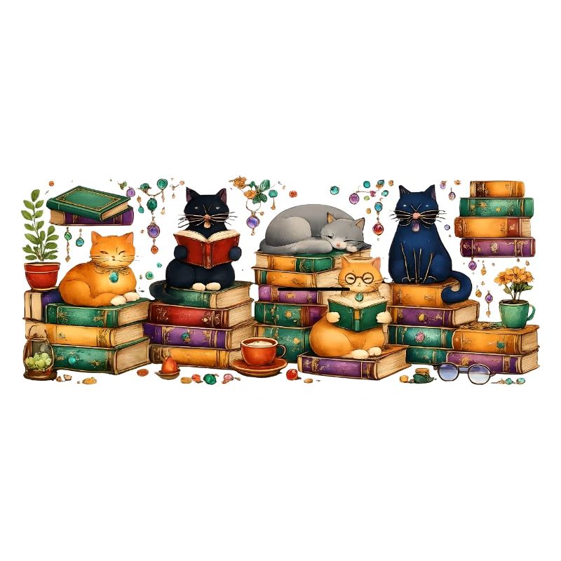 Lesende Katzen mit Bücherstapeln