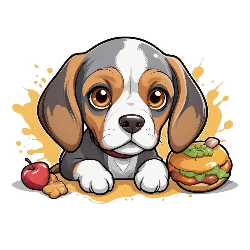 Petit chiot Beagle avec pomme et hamburger