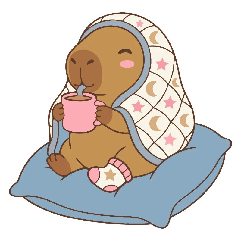 Cozy  Night Capybara on a pillow sipping cocoa