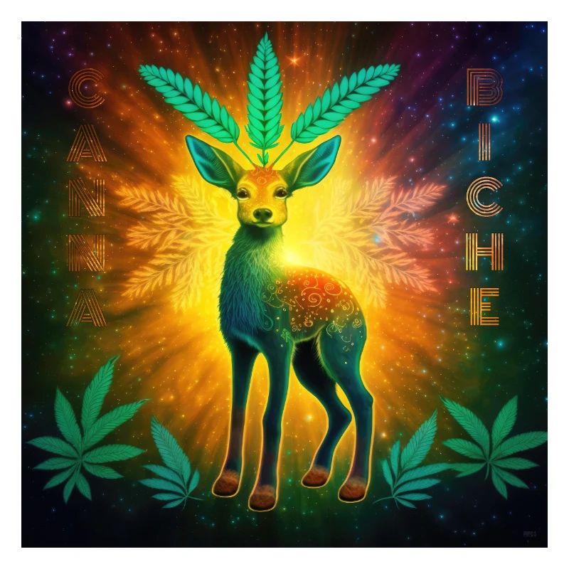 Kosmisches Reh mit Cannabisblättern