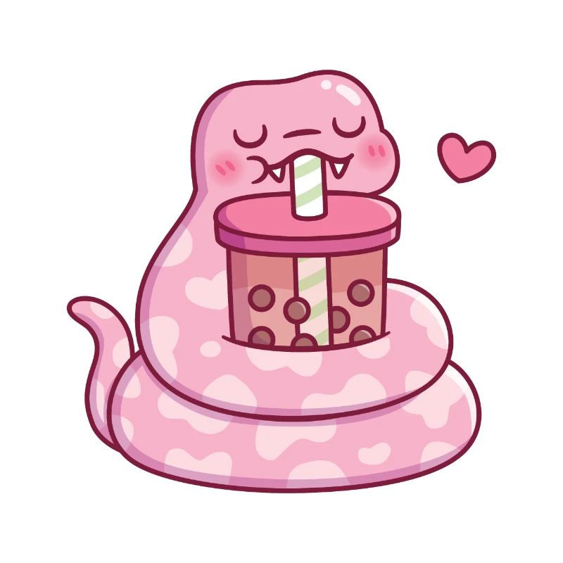 Cute Pink Snake Drinking Bubble Tea