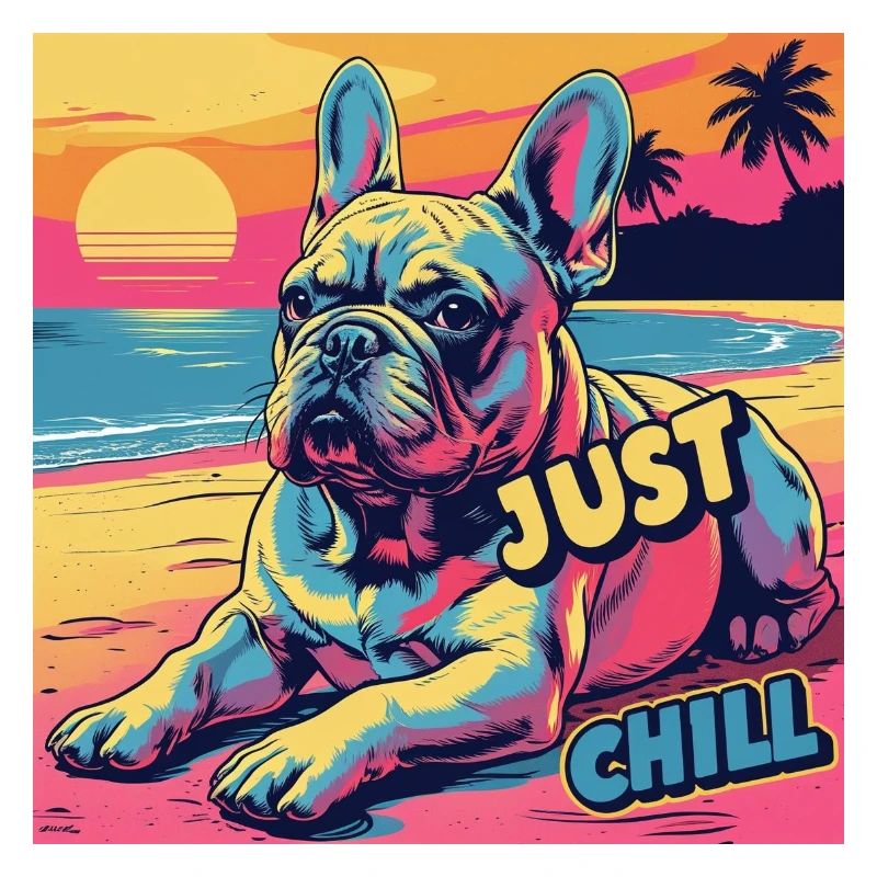 Chien apaisant sur la plage avec Just Chill écrit dessus