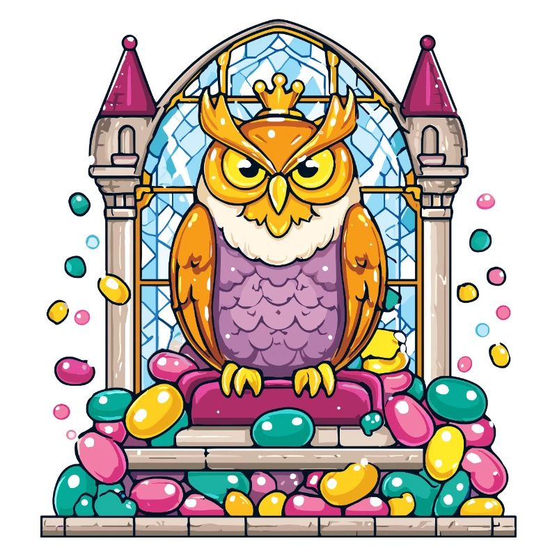 Kronen Eule Thron vor Glasfenster