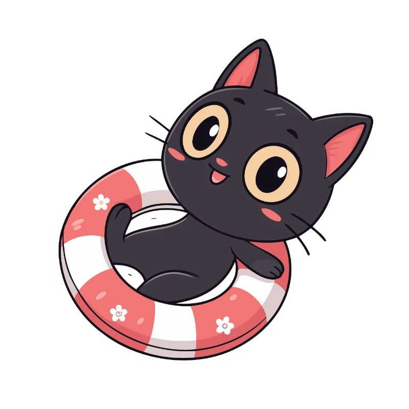 Chat noir sur bouée fleurs