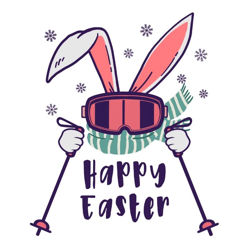 Joyeuses Pâques de Skiing Rabbit avec bâtons de ski
