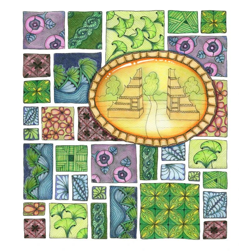 Temple de Bali sur patchwork de motifs