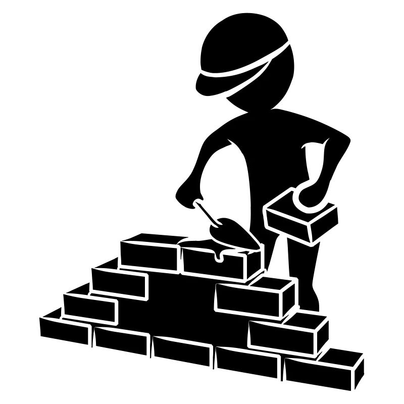 Construction workers with mason trowel, mortar and wall