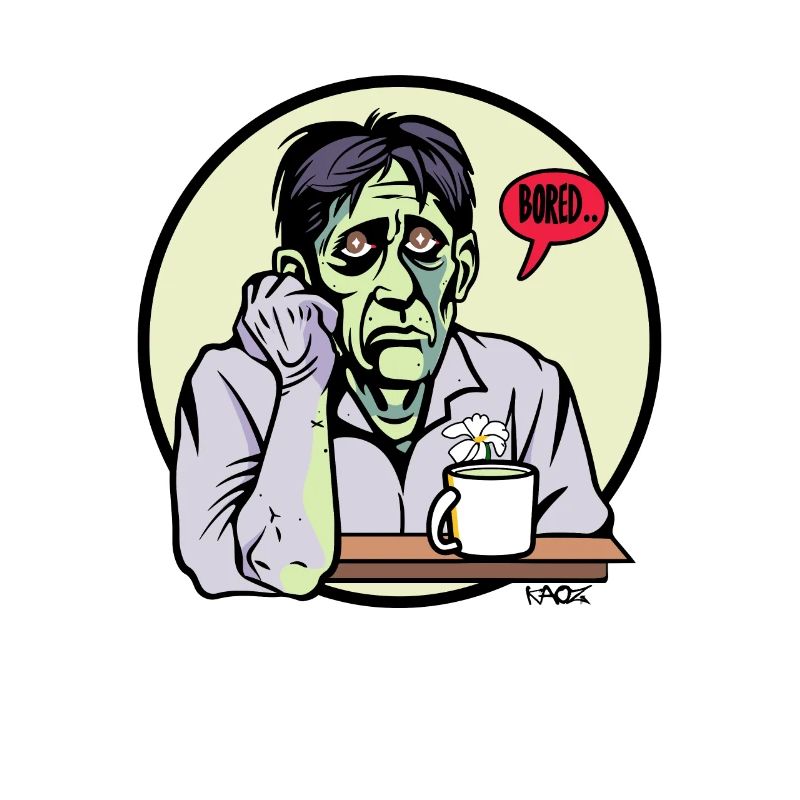 Bored zombie with coffee and flower