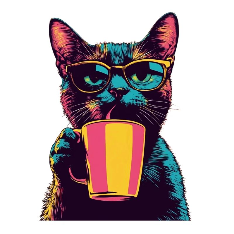 Retro Cat with Glasses & Coffee
