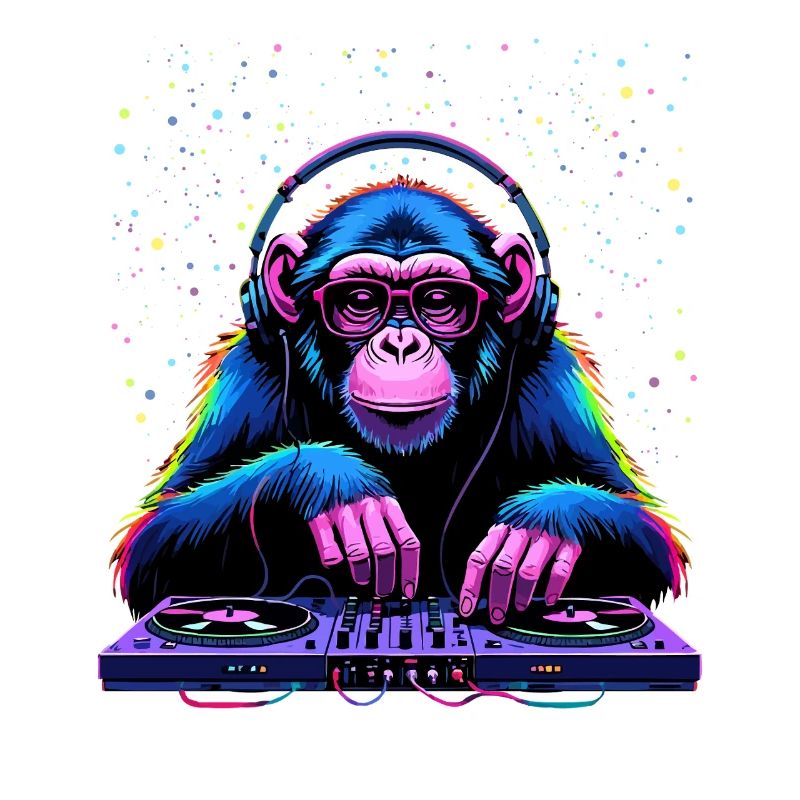 Bunter DJ-Affe mit Kopfhörern und Brille