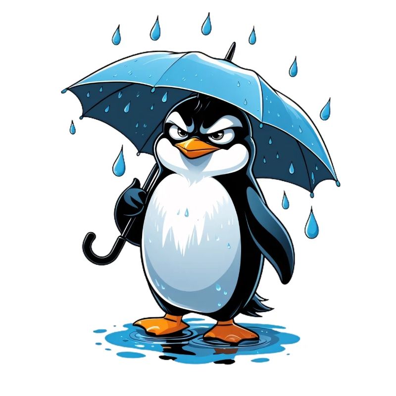 Streuernder Pinguin mit Regenschirm