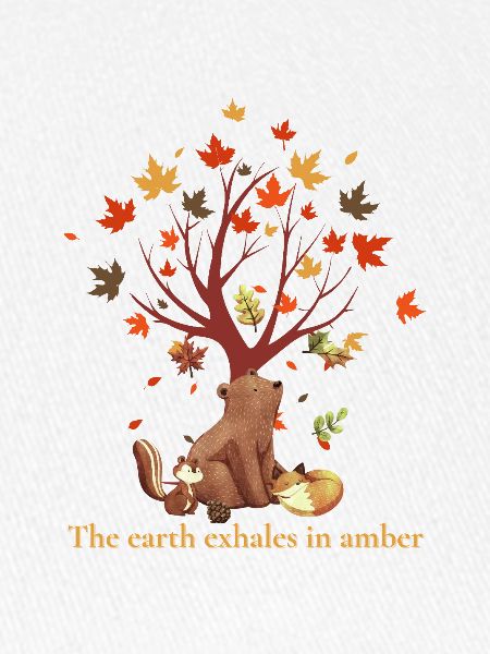 Waldtiere mit Herbstbaum und Spruch
