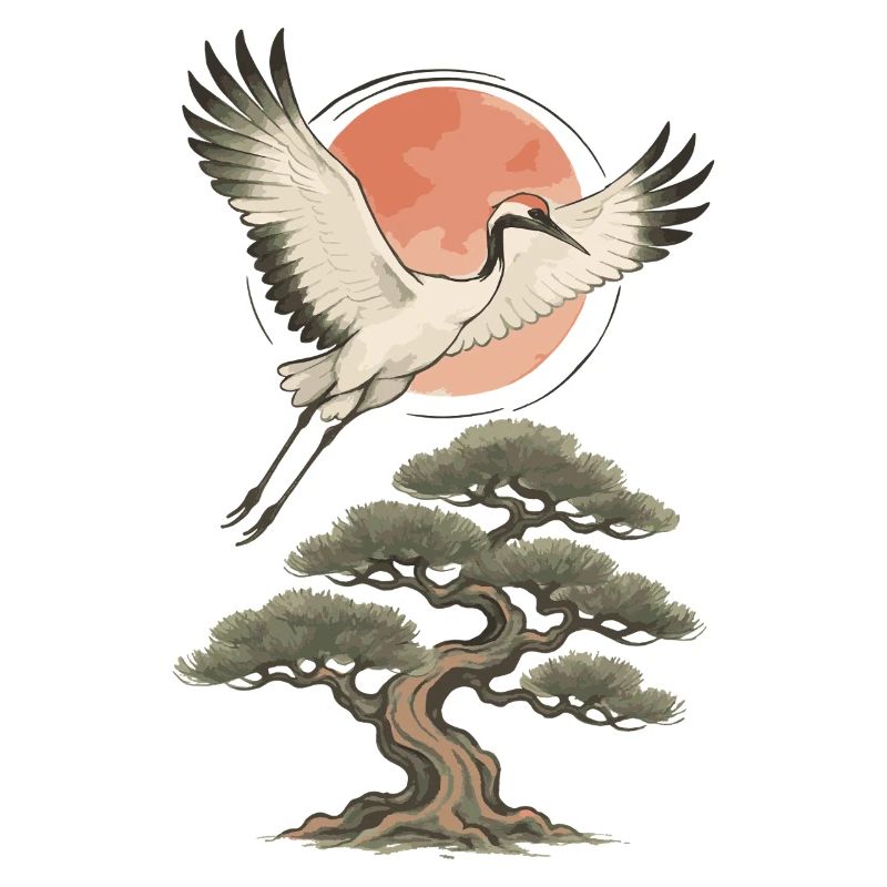 Flying Crane Over Pine Tree