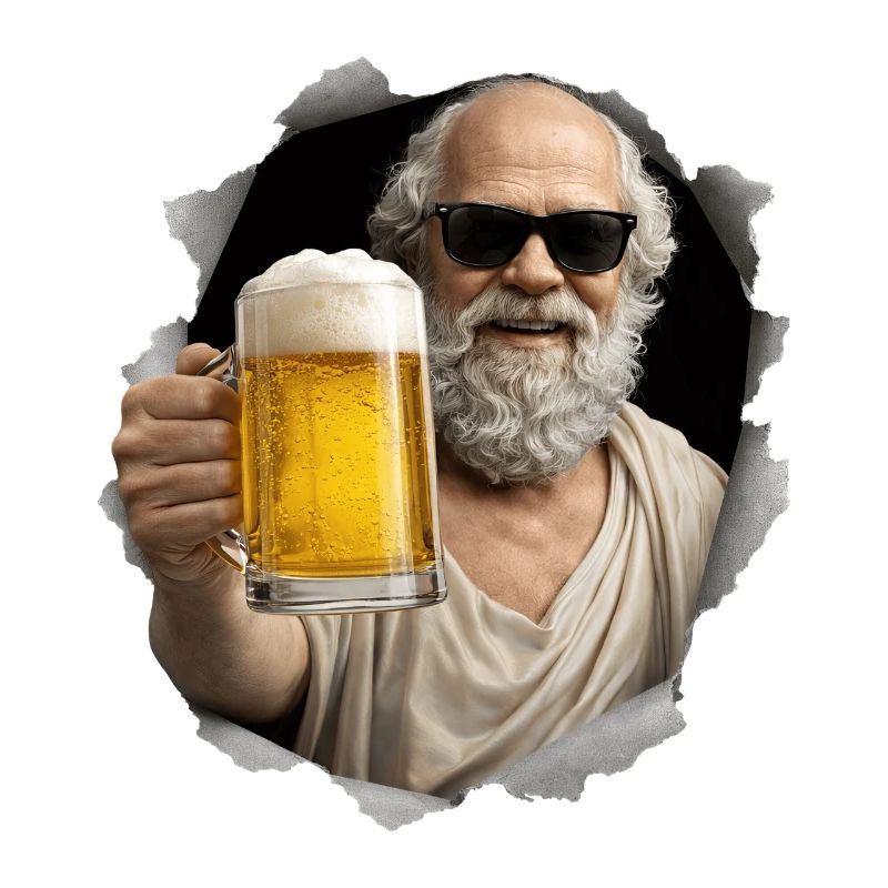 Socrates mit Bier und Sonnenbrille