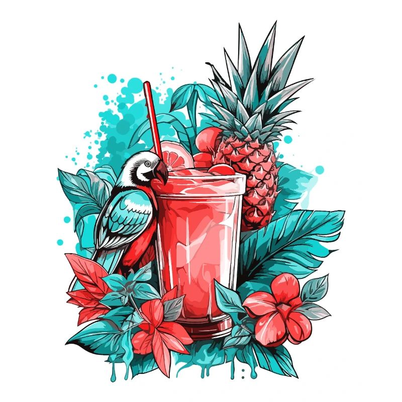 Cocktail d’été ananas perroquet fleurs vacances art