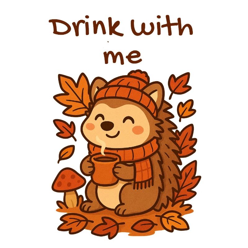 Autumn Hedgehog Cocoa Drinking Warm Leaves Design