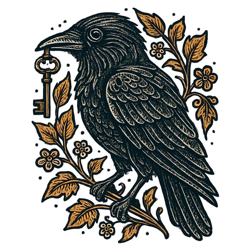 Corbeau avec Clé et Feuillage