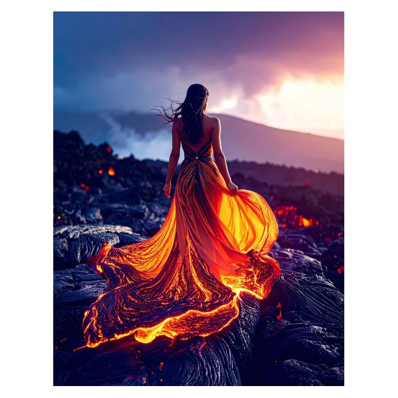 Robe semblable à du feu sur un champ de lave