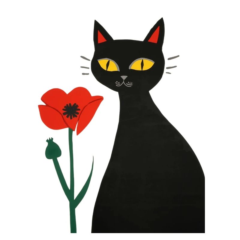 Schwarze Katze mit Mohnblumen