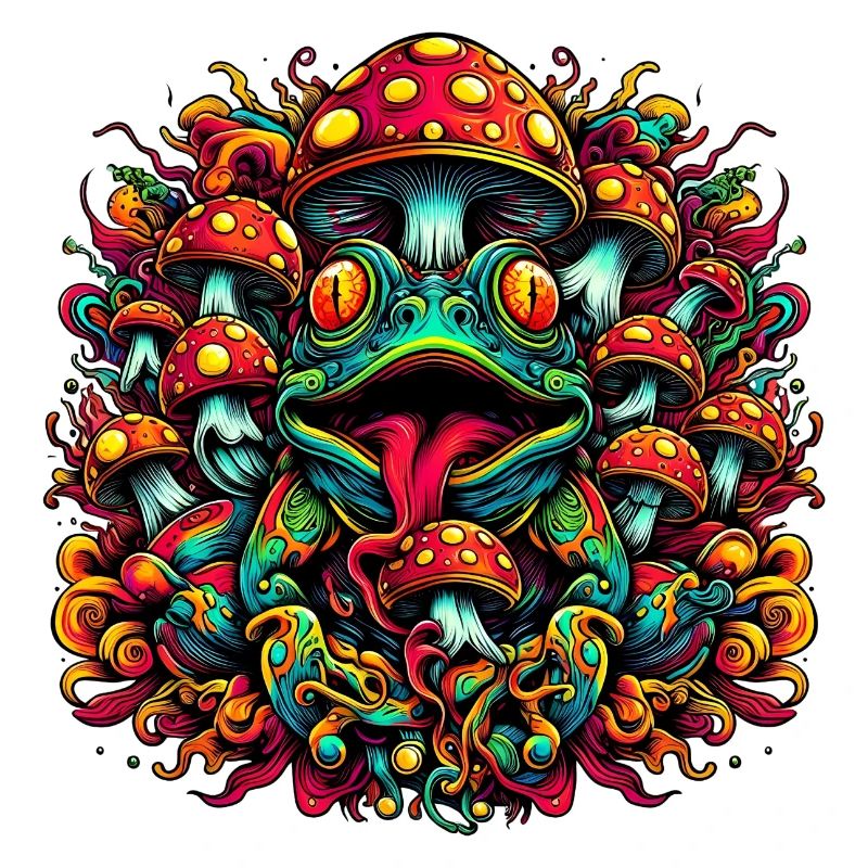 Psychedelic frog with mushrooms