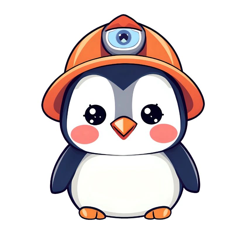 Bautrupp-Pinguin mit orangefarbenem Schutzhelm