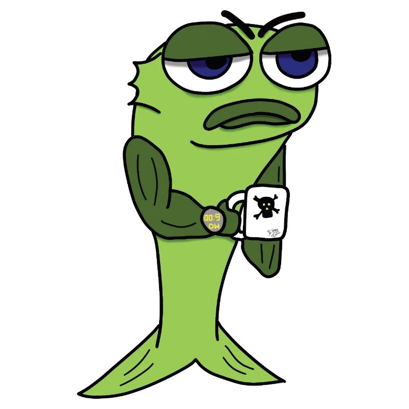 Tired fish with coffee cup