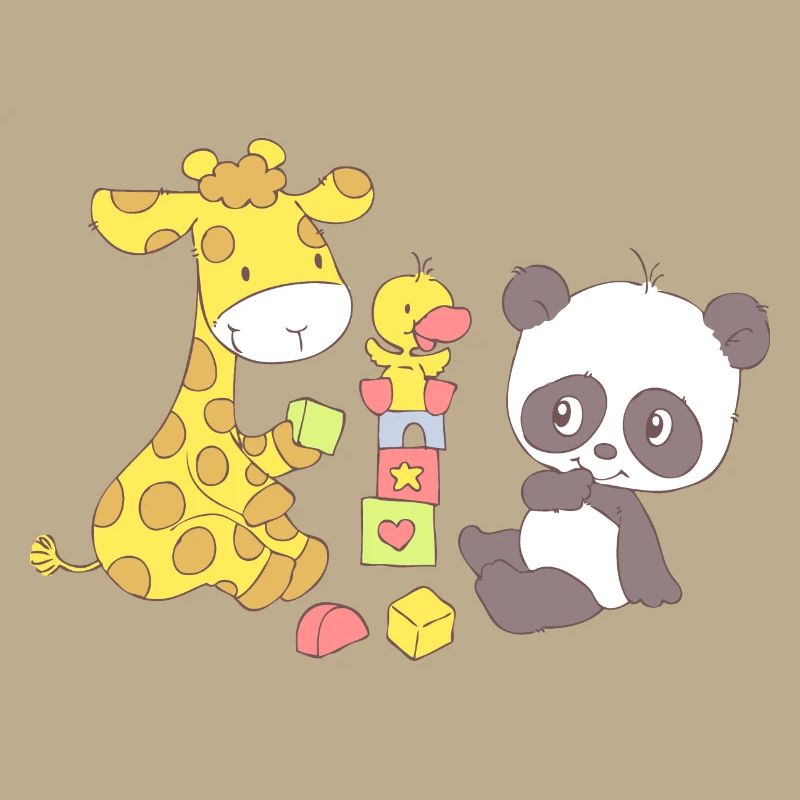 Giraffe and Panda playing with Blocks