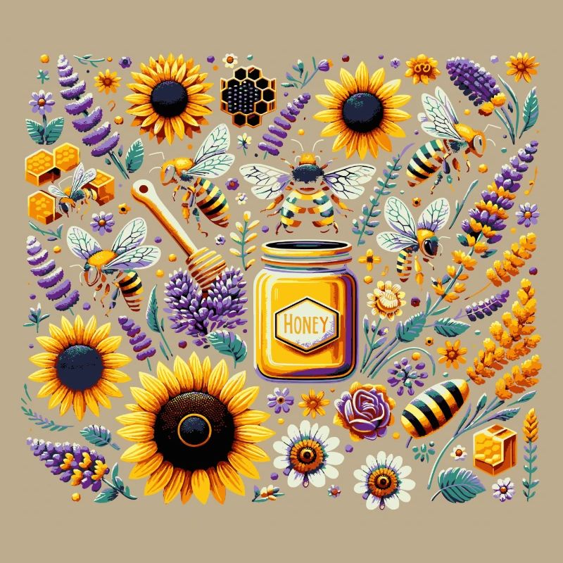 Vibrant, colorful artwork with bees