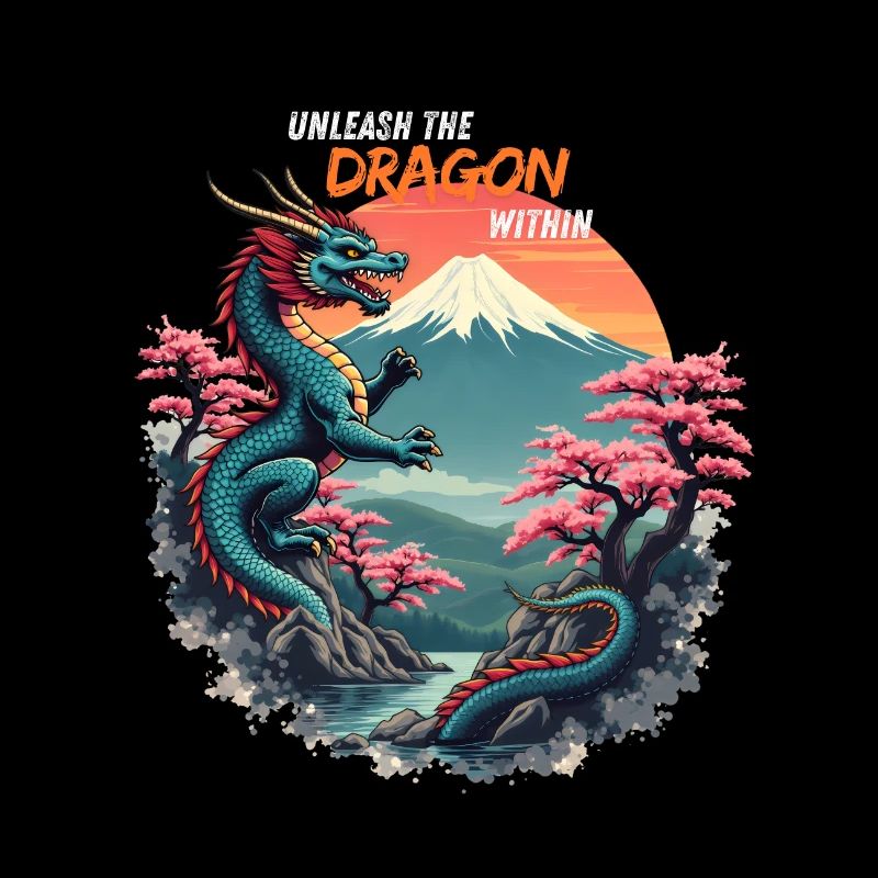 Japanischer Drache am Mount Fuji mit Kirschblüten