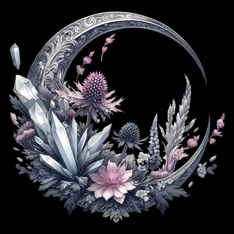 Croissant de lune en argent, avec cristaux et fleurs