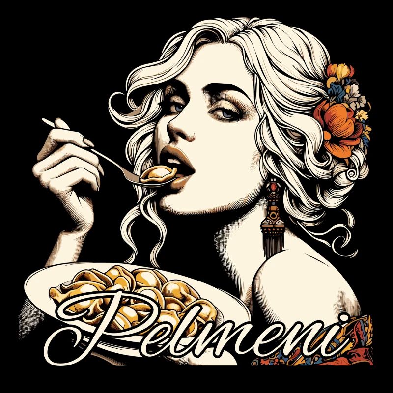 Pelmeni beautiful blonde woman eats gift