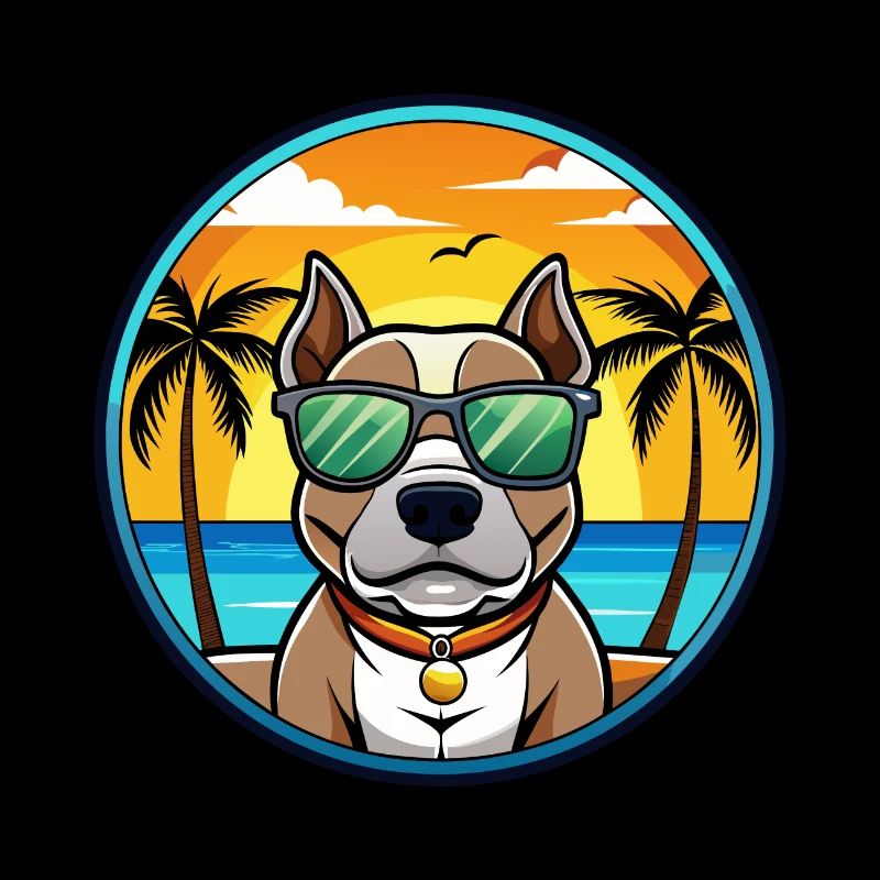 American Pitbull Terrier Dog Breed Cartoon Beach