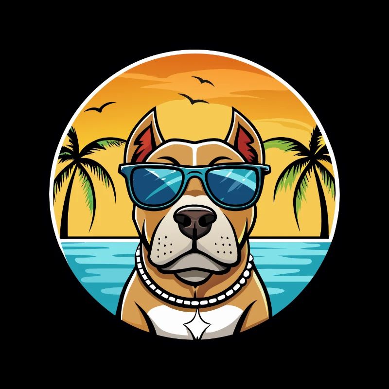American Pitbull Terrier Dog Breed Cartoon Beach