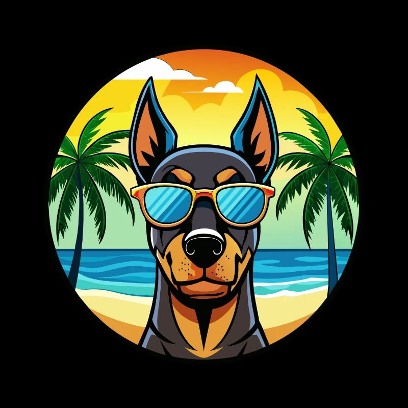 Doberman Pinscher Dog Breed Cartoon Sunglass Beach