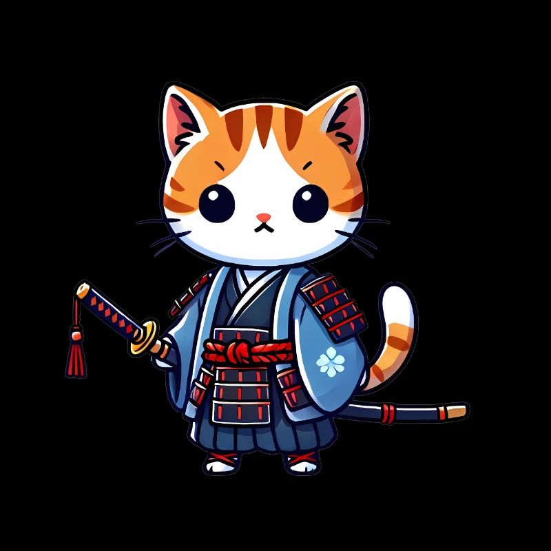 Samurai-Katze in blauen Roben mit Katana