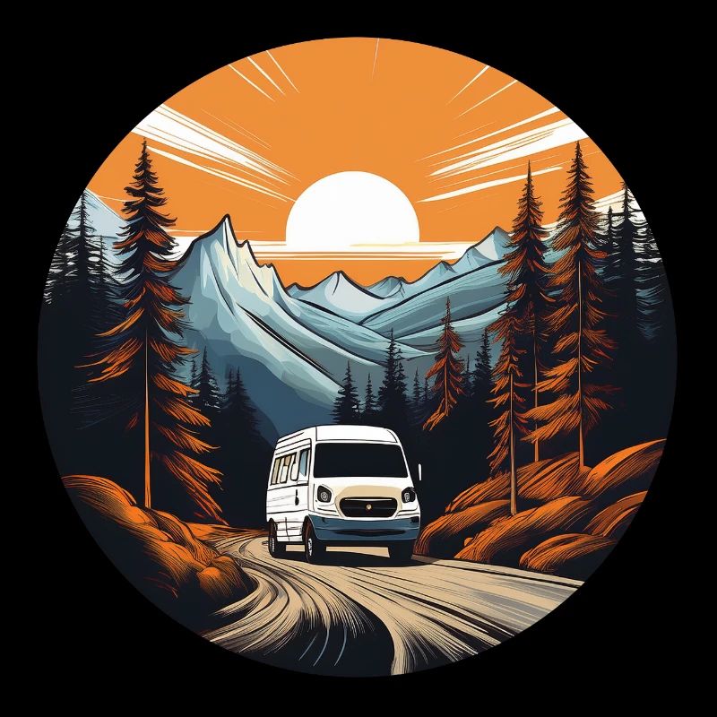 Van drives towards sunset