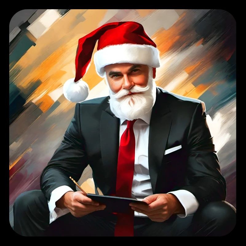 Cooler moderner Weihnachtsmann im Anzug und Tablet