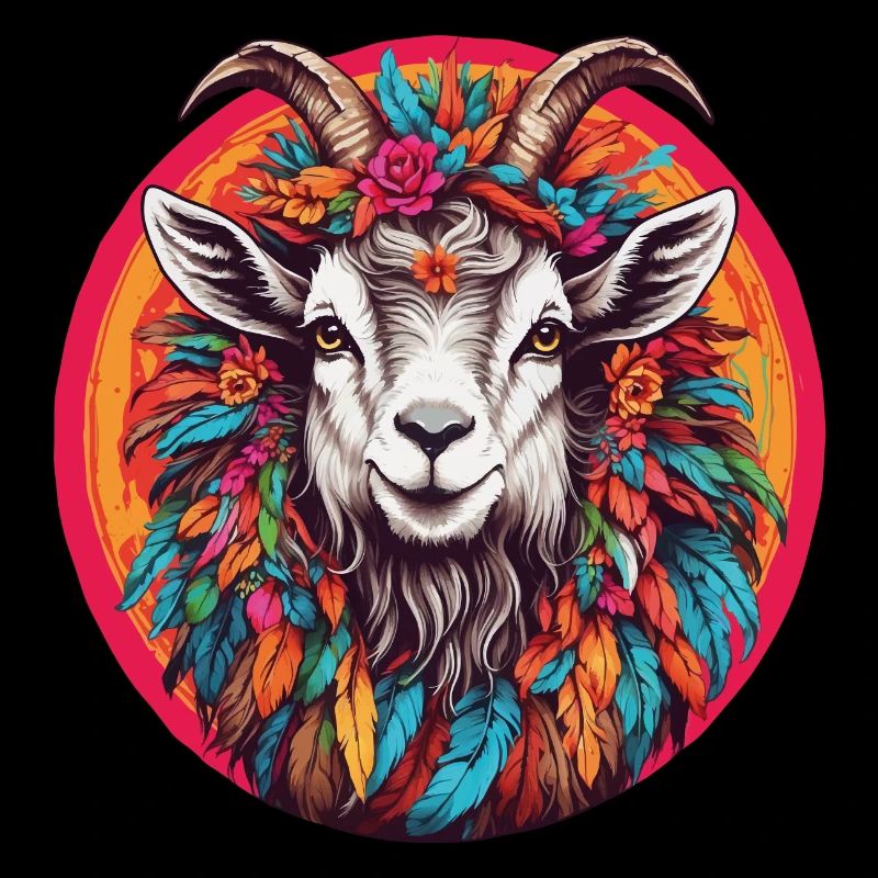 Chèvre avec coiffe de plumes et fleurs dans la roue chromatique