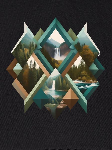Geometrischer Wald und Wasserfälle