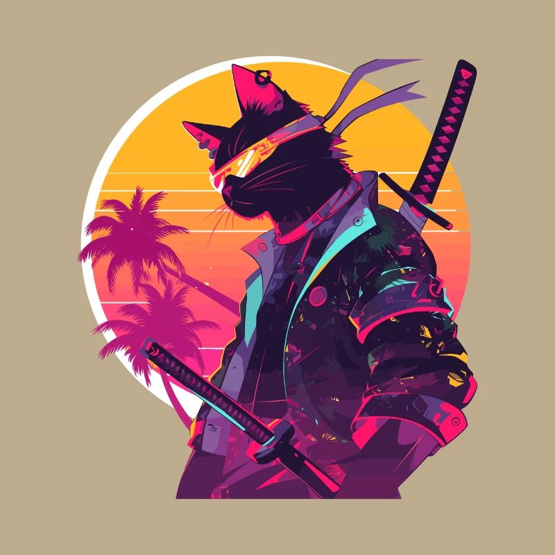 Cat Samurai 80er Vintage Stil