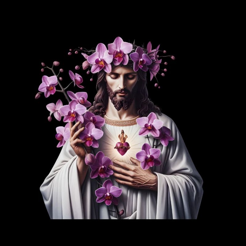 Jesus mit lila Orchideen