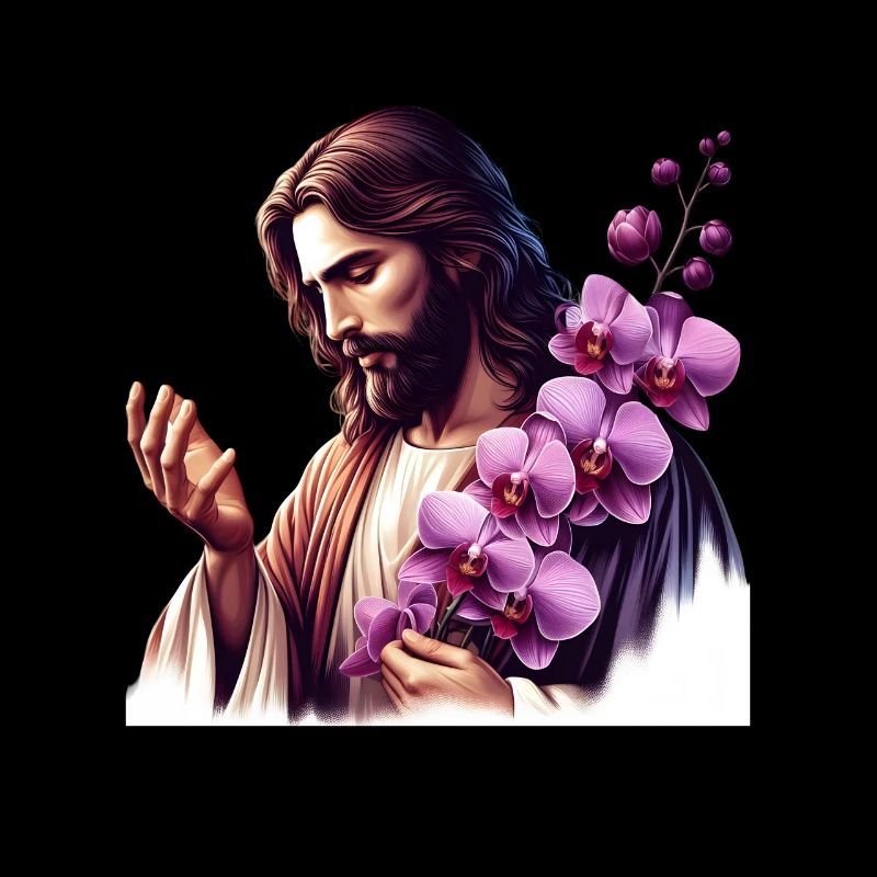 Jesus mit lila Orchideen