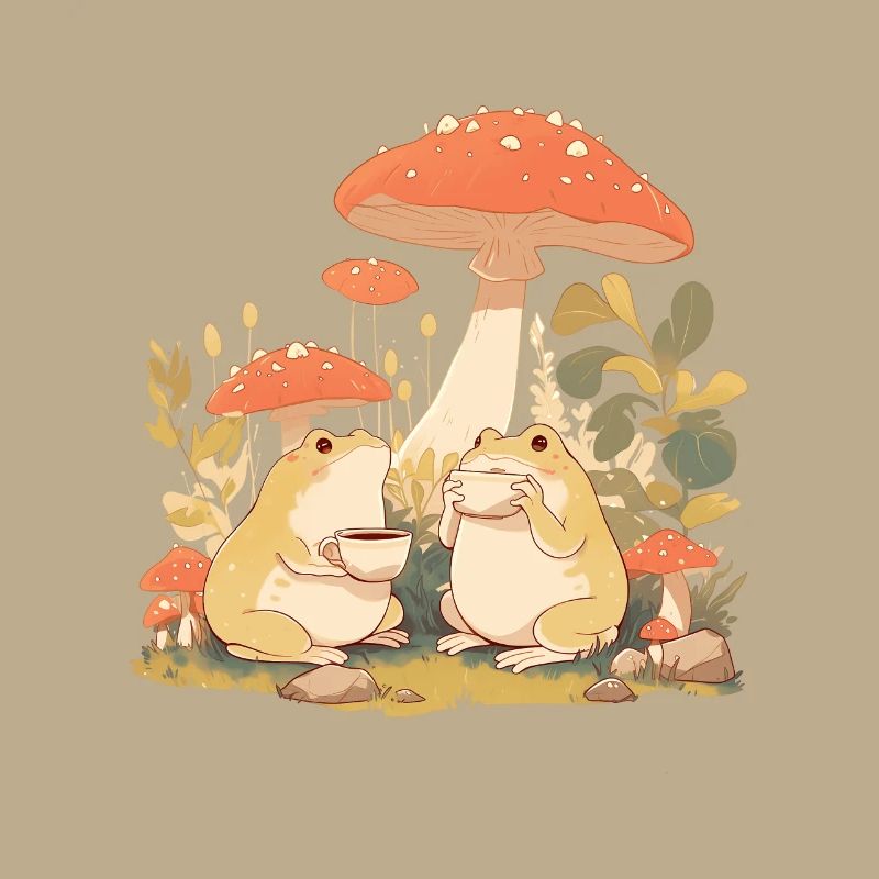 Frogs With Tea Toadstool Cottagecore Flowers